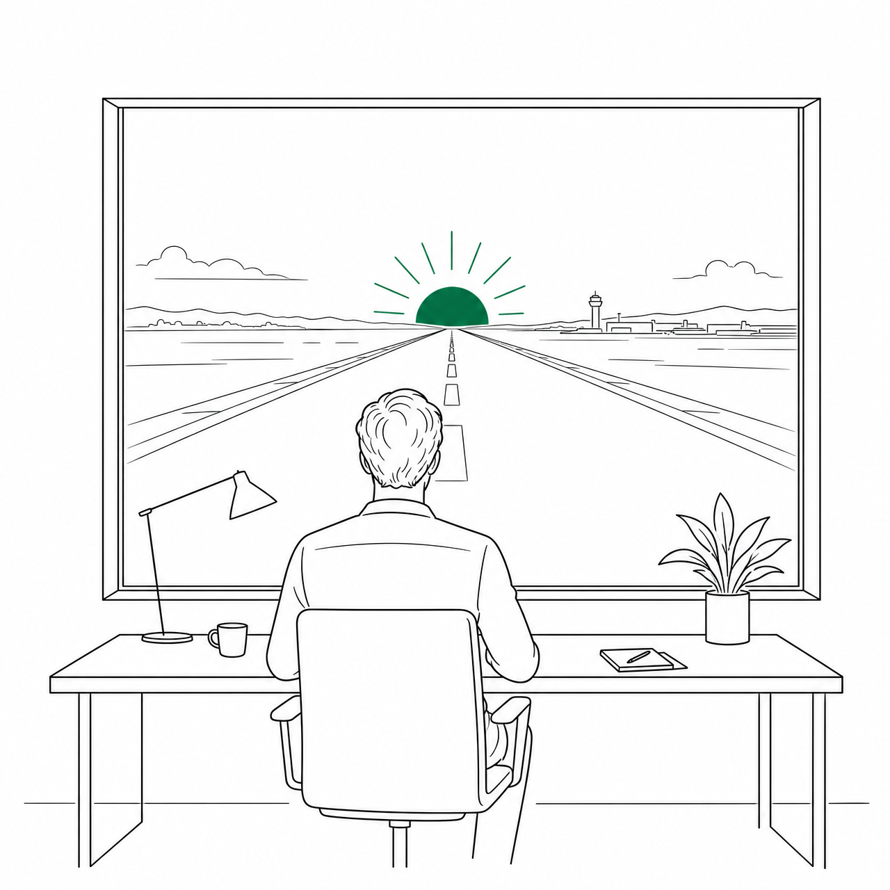 Person at a desk looking toward a runway and sunrise